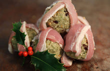 Load image into Gallery viewer, Bacon wrapped Traditional Apple & Cranberry filled stuffing balls